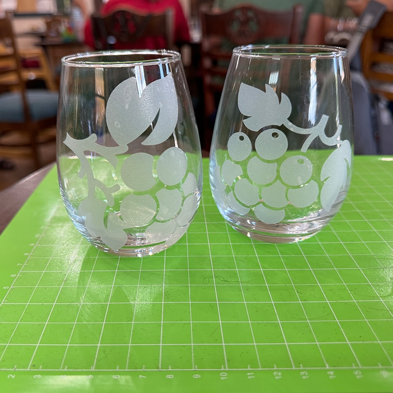 A pair of etched wine glasses done at the Glenn A Jones MD Memorial Library adult programs