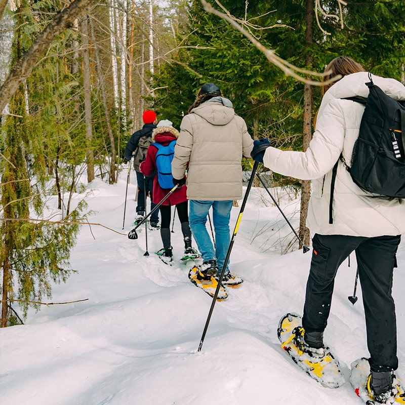 Family of four using snowshoes checked out from the Glenn A Jones MD Memorial Library