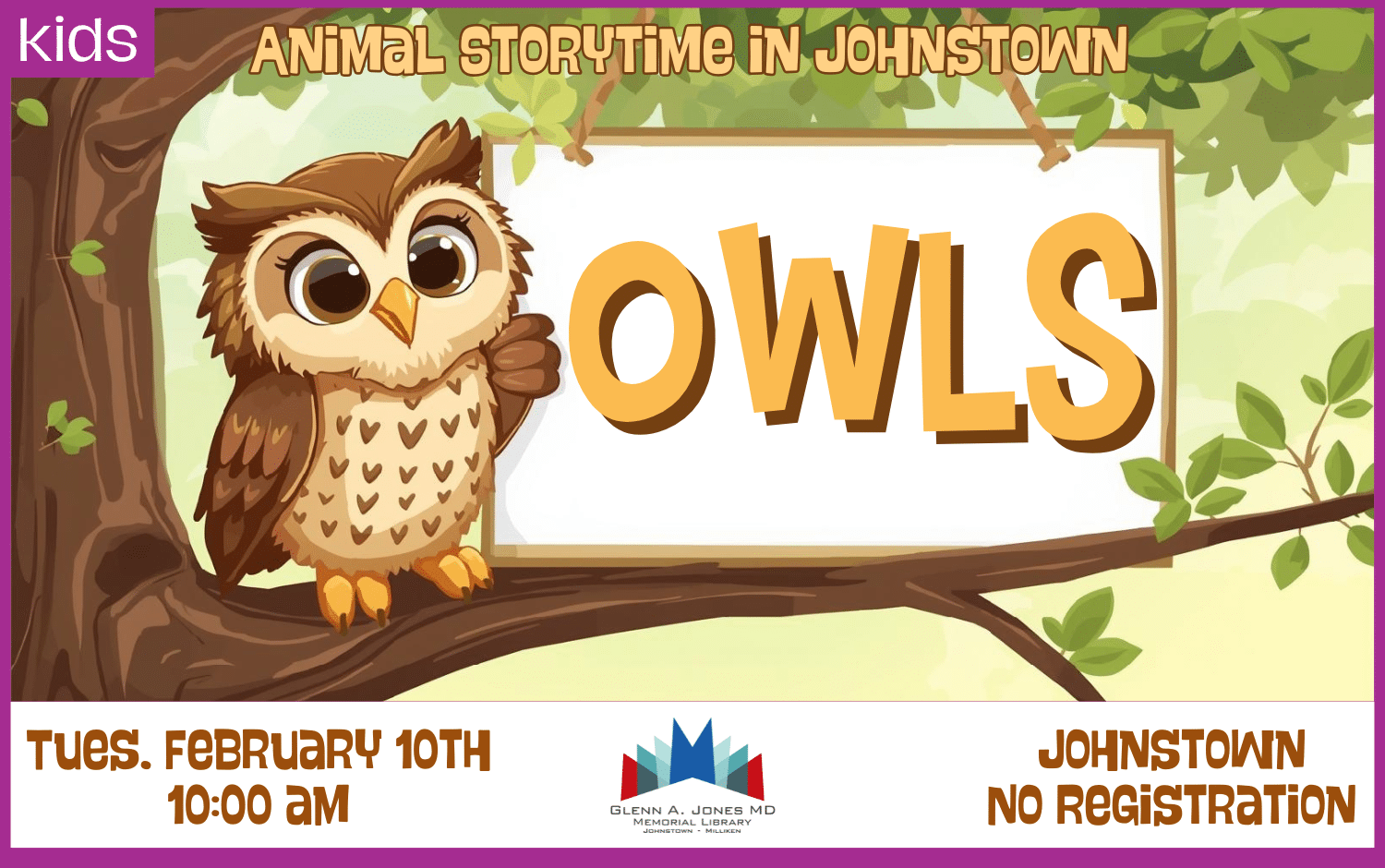 Owl Storytime in Johnstown. February 10th @ 10 am.