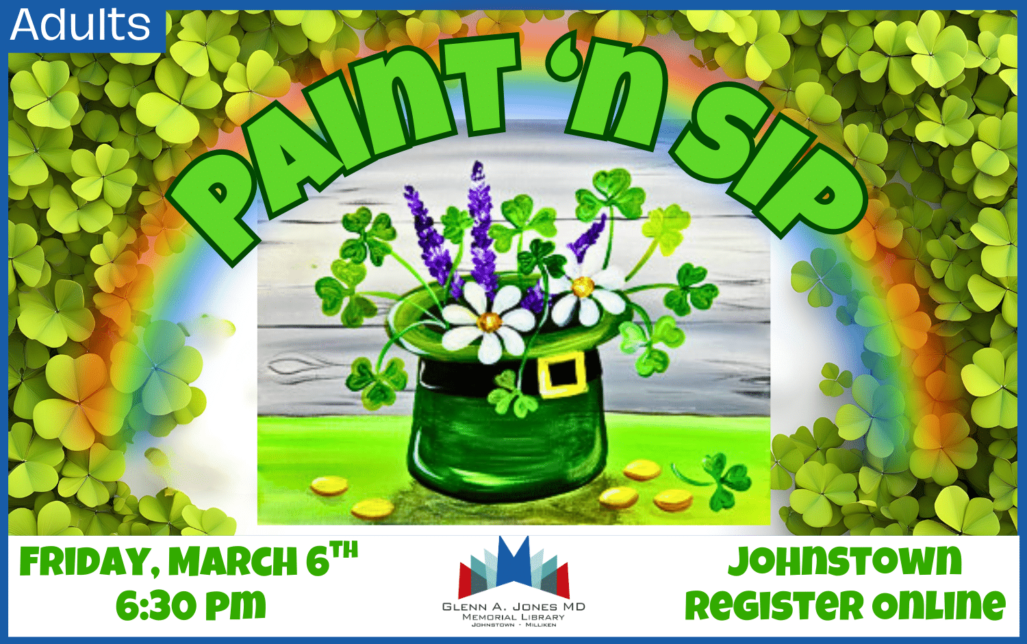 March Paint 'n Sip. Friday, March 6th @ 6:30 pm. Register Online