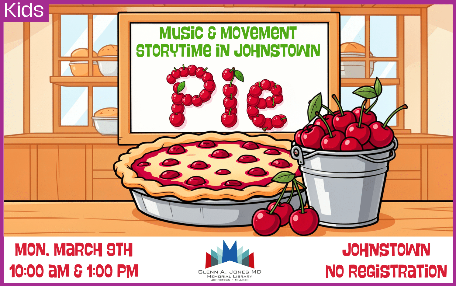 Pie Music and Movement Storytime. March 9th @ 10am and 1pm.