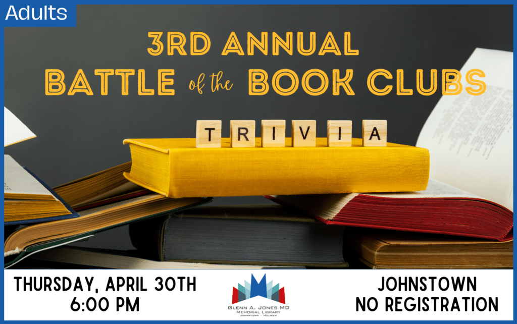 Battle of the Book Clubs Trivia Night. April 30th @ 6pm.