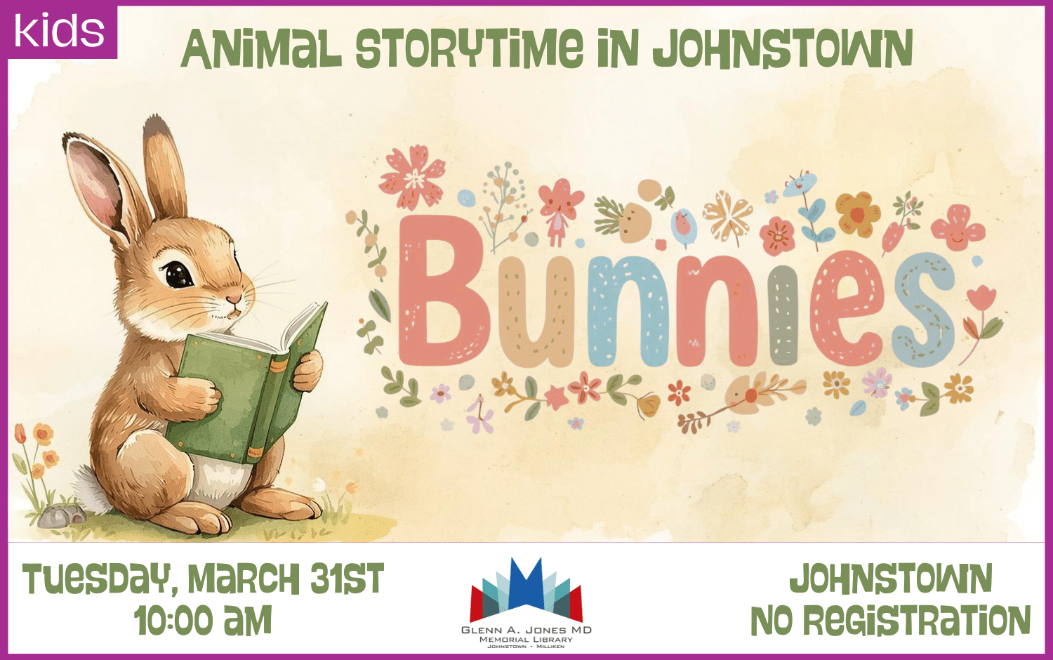 Bunnies Storytime. March 31st @ 10 am in Johnstown