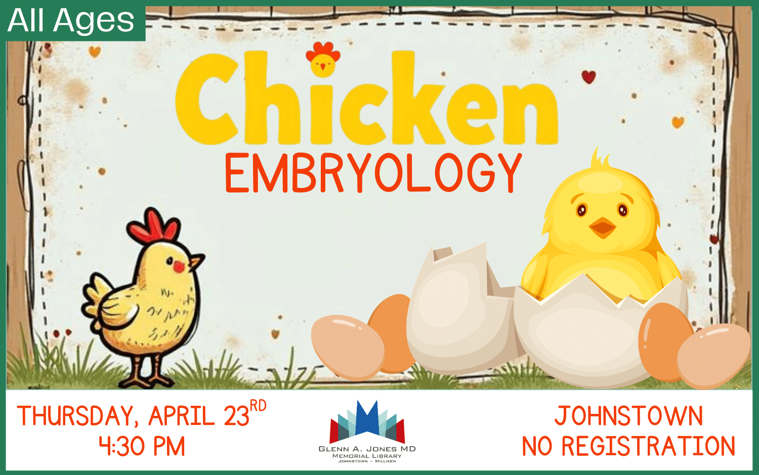 Chicken Embryology. Fun for the Family. April 23rd @ 4:30pm