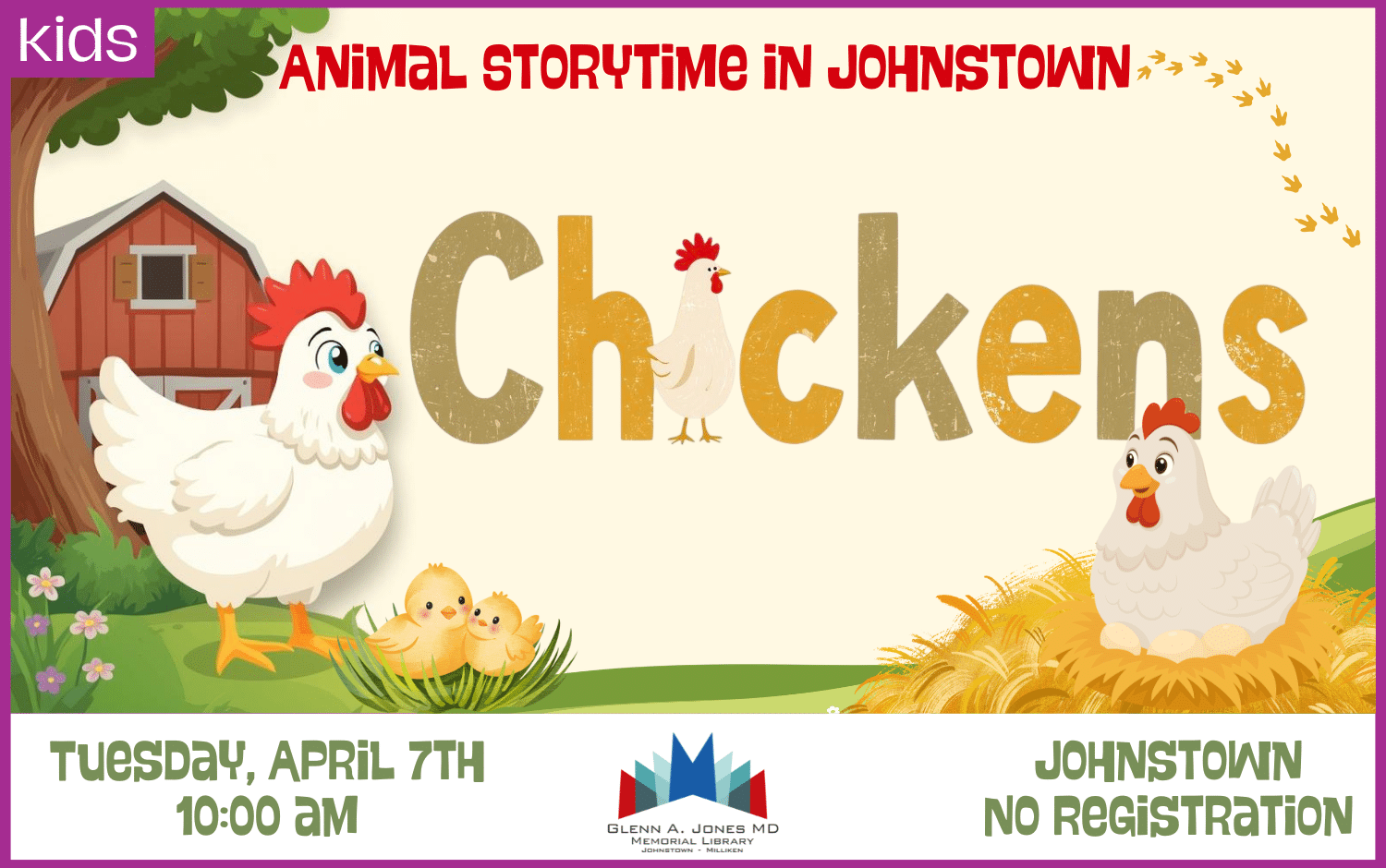 Chicken Storytime. April 7th @ 10am in Johnstown.