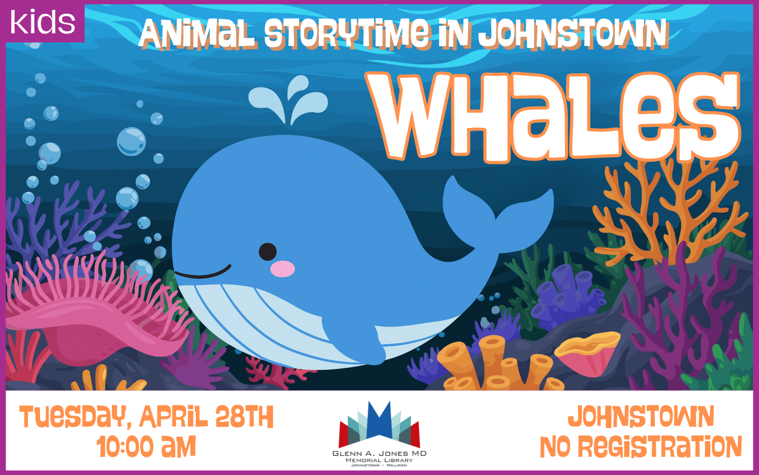 Whales Storytime in Johnstown. April 28th @ 10am