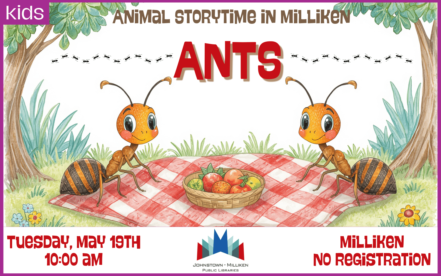 Ant Storytime in Milliken. May 19th @ 10 am.