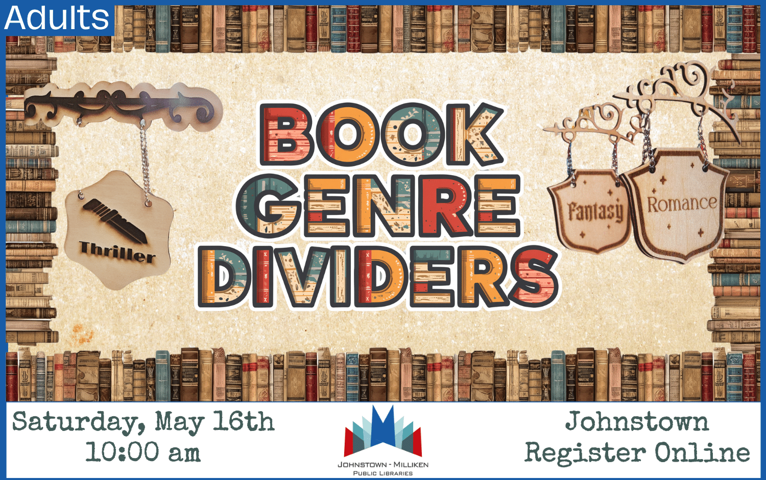 Book Genre Dividers in Johnstown. May 16th @ 10am. Register Online