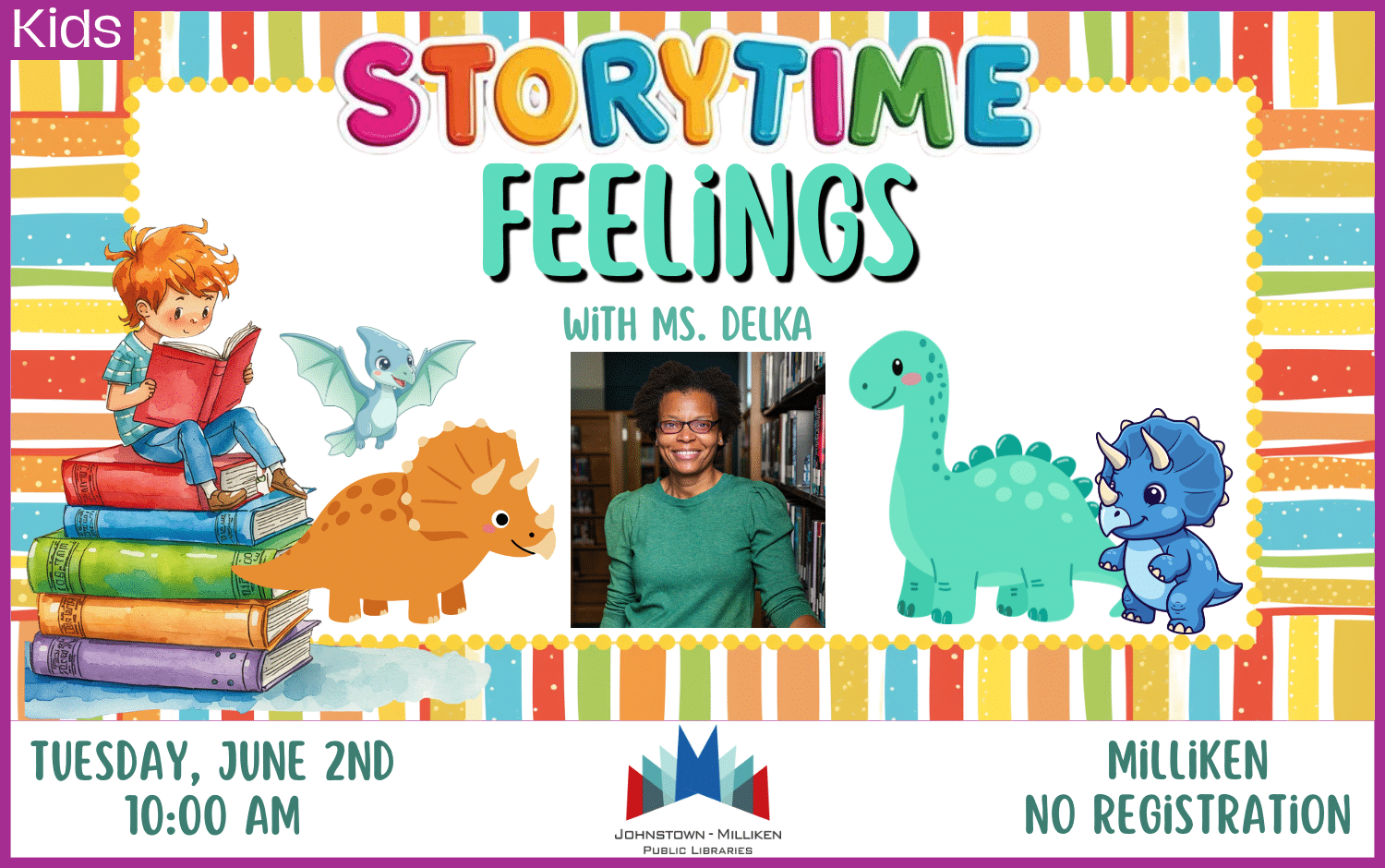 Milliken Storytime with Ms. Delka. June 2nd @ 10 am.
