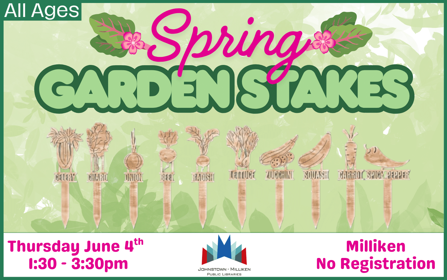Drop-in the Milliken Makerspace to make Garden Stakes. June 4th from 1:30-3:30 pm. No Registration