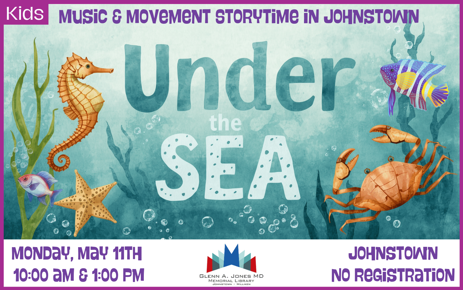 Under the Sea Music and Movement Storytime in Johnstown. May 11th @ 10am and 1 pm.