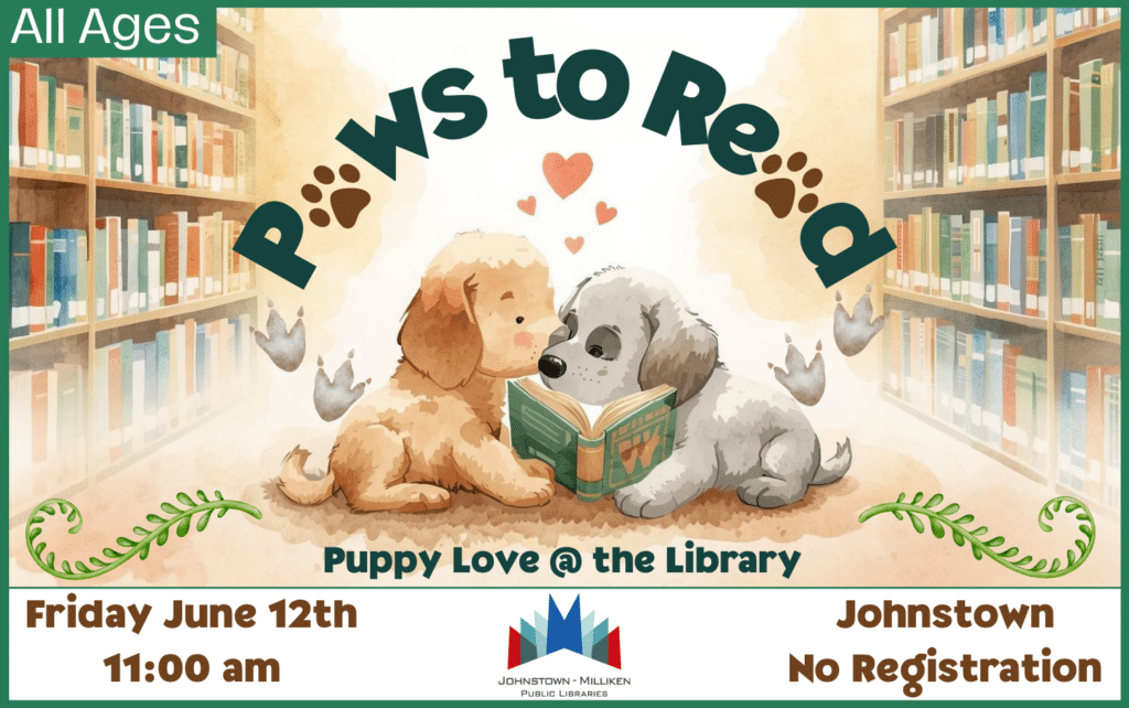 Reading sessions with a therapy dog. June 12th @ 11 am in Johnstown. No Registration.