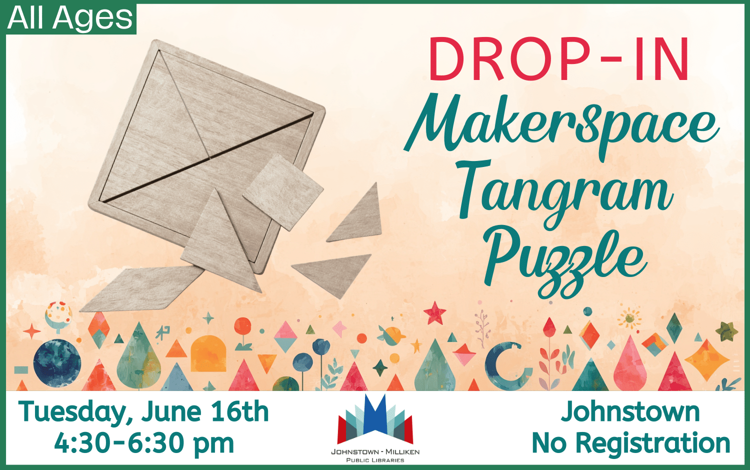 Drop in the Johnstown Makerspace to make puzzles. June 16th from 4:30-6:30 pm.