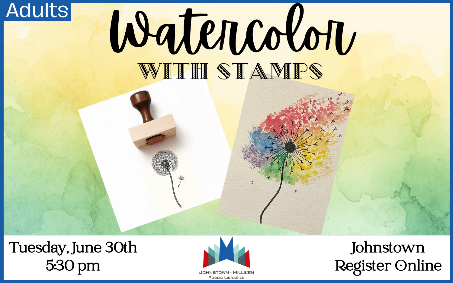 Watercolor painting stamped images in Johnstown. June 30th @ 5:30 pm. Register Online.