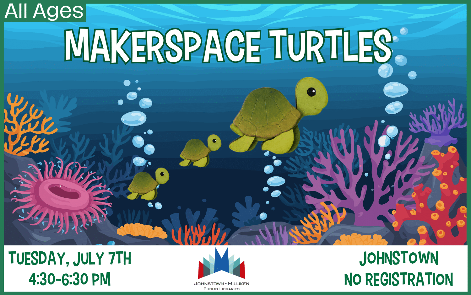 Drop-in the Johnstown Makerspace to make Turtles. July 7th from 4:30-6:30 pm