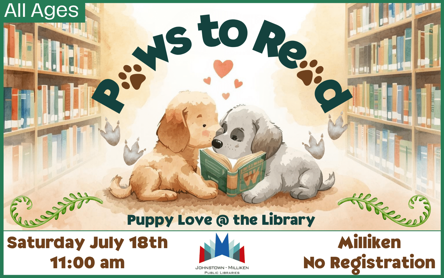 Paws to Read in Milliken. July 18th @ 11 am.