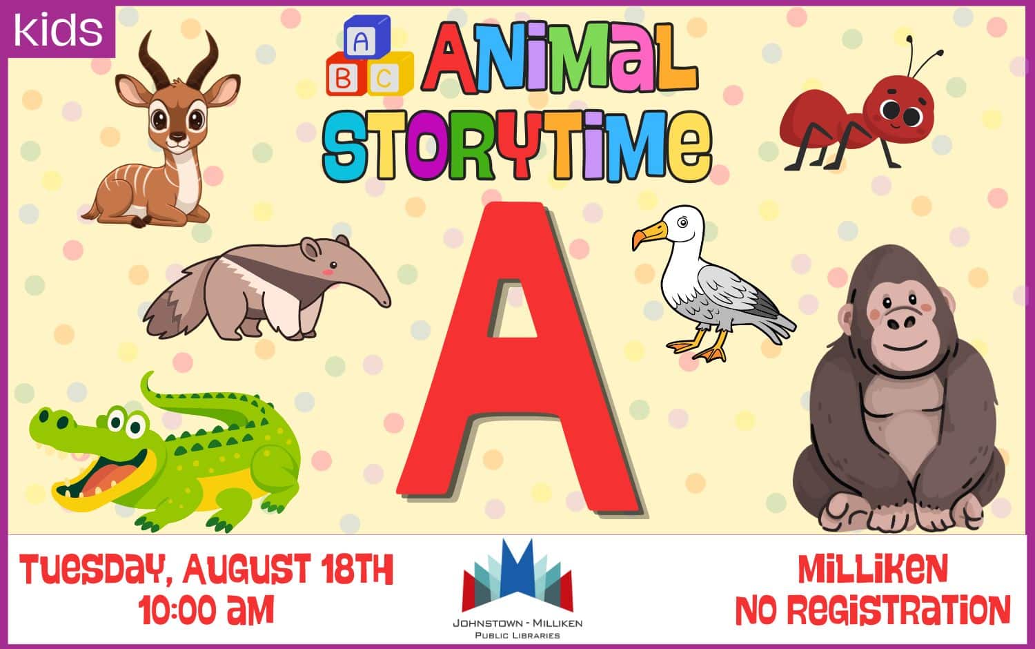 ABC Animal Storytime in Milliken. August 18th @ 10am