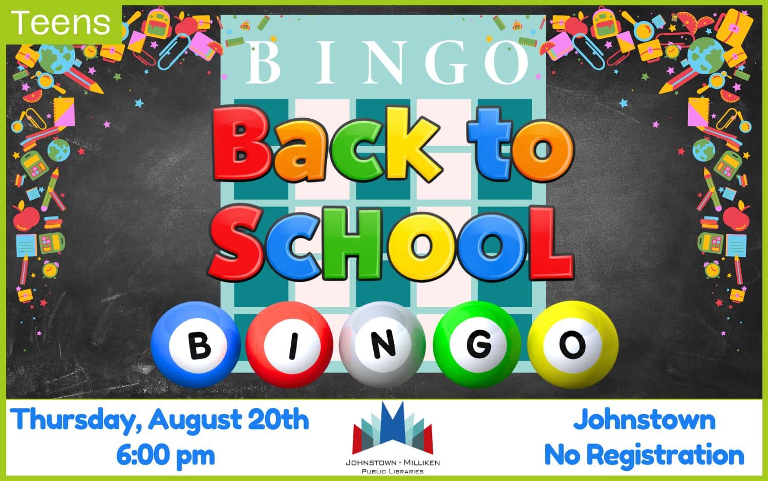 Back-to-School Bingo. August 20th @ 6pm in Johnstown