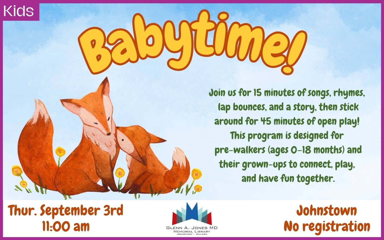 Babytime Storytime in Johnstown. September 3rd @ 11 am.