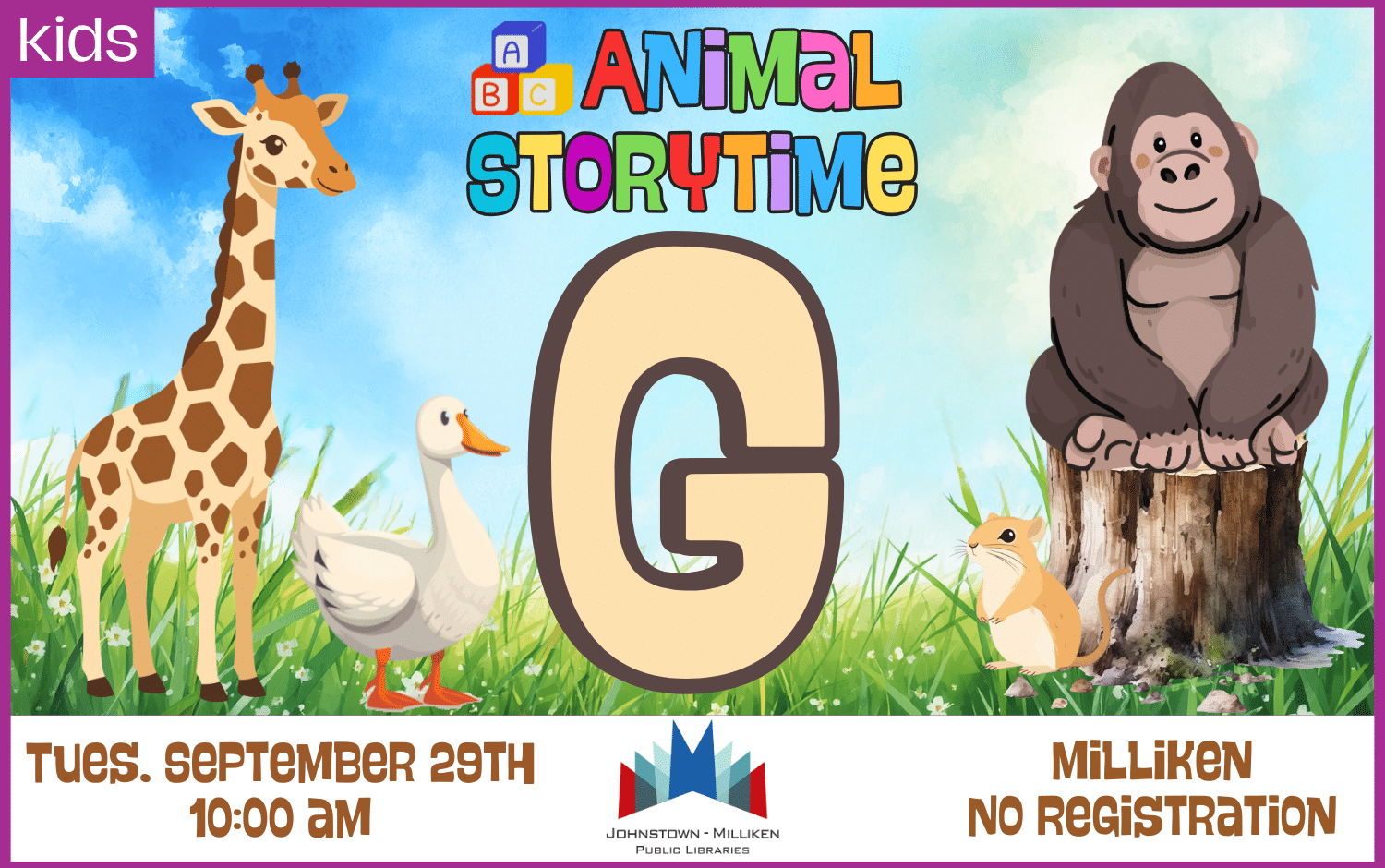 "G" ABC Storytime in Milliken. Tues. Sept. 29th @ 10am