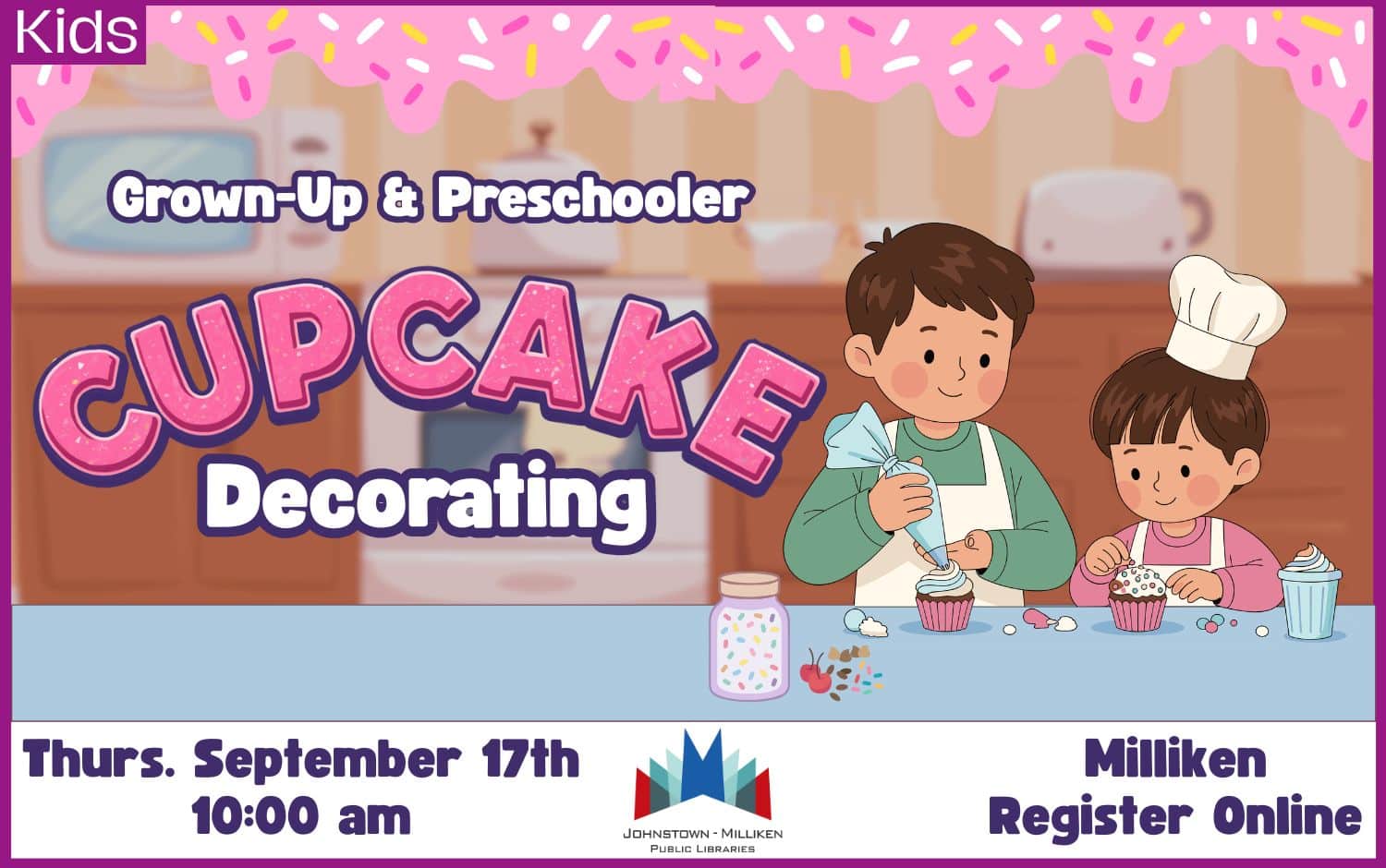 Grown-ups and Preschoolers Cupcake Decorating. Sept. 17th @ 10 am in Milliken