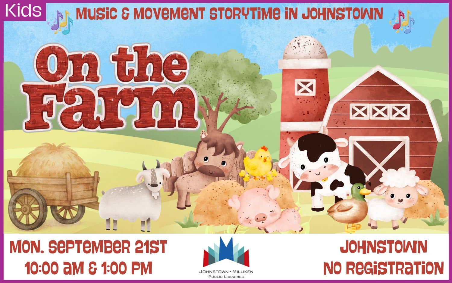 On the Farm Music and Movement Storytime in Johnstown. 10 am & 1 pm.