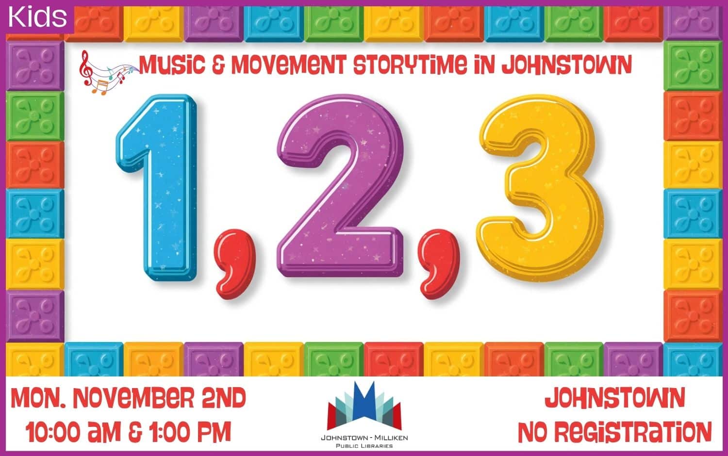 1,2,3 Music and Movement Storytime in Johnstown. November 2nd @ 10 am and 1 pm