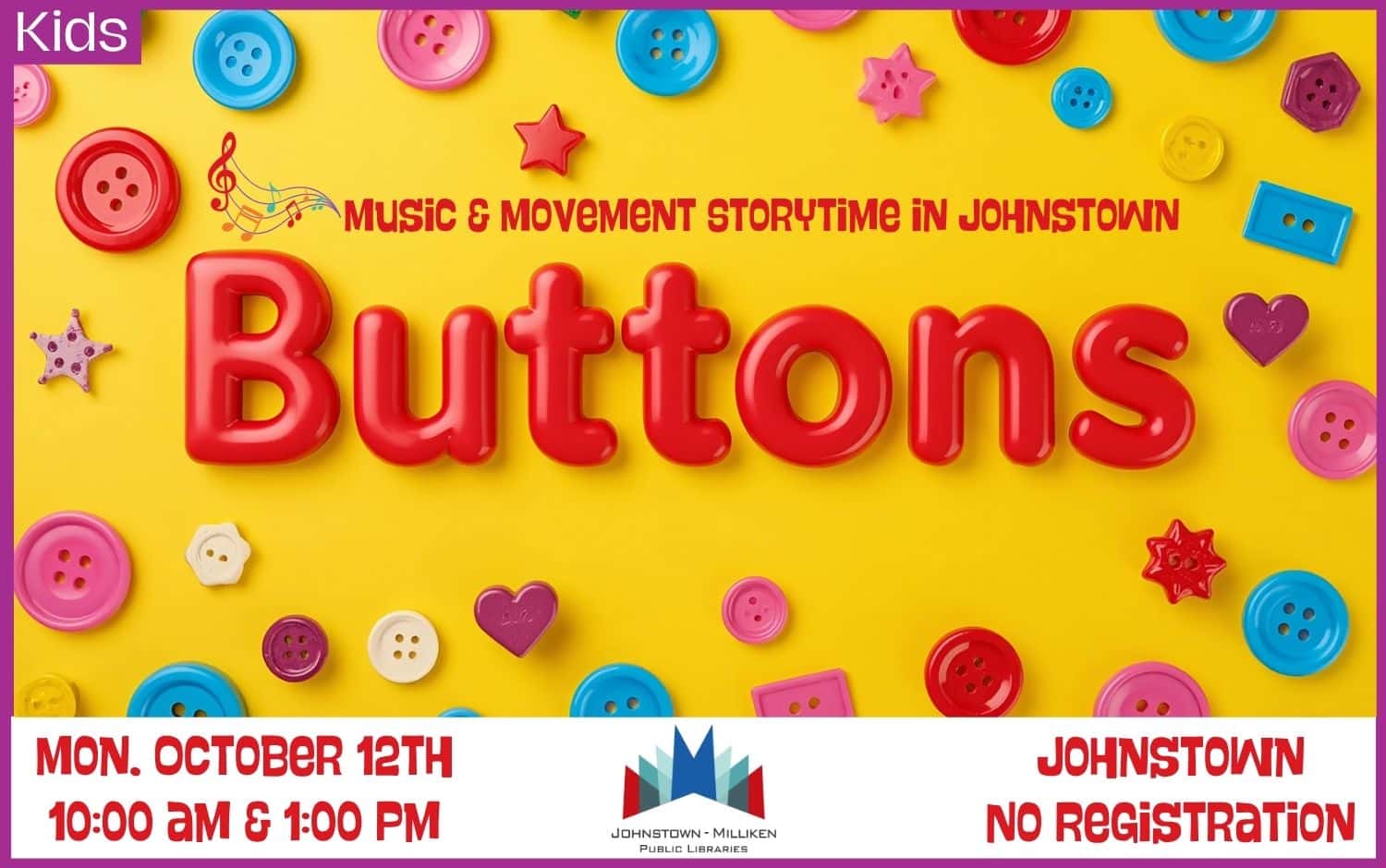 Buttons Music and Movement Storytime in Johnstown. Oct. 12th @ 10 am and 1 pm.