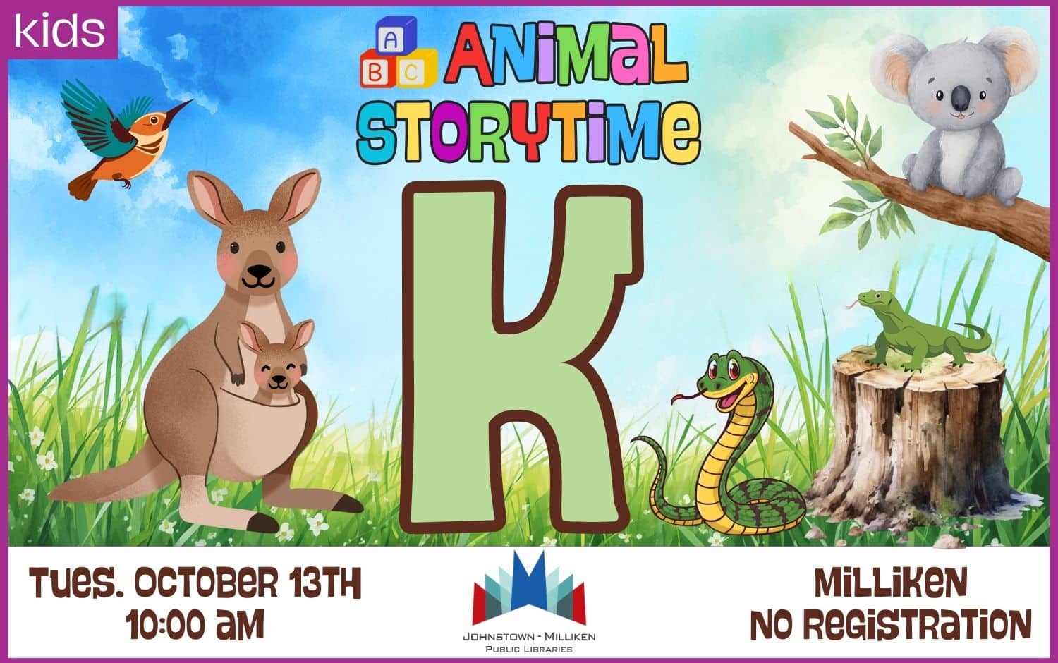"K" ABC Animal Storytime in Milliken. Oct. 13th @ 10 am