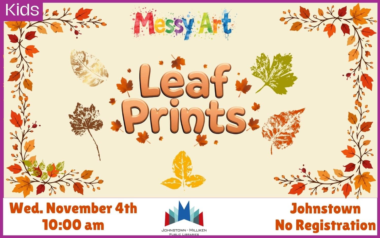 Leaf Print Messy Art in Johnstown. November 4th @ 10 am