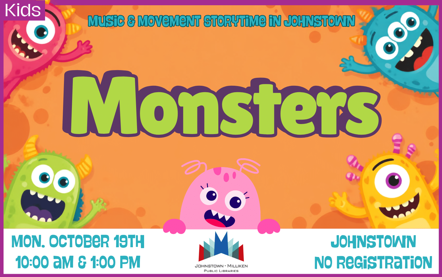 Monsters Music and Movement Storytime in Johnstown. Oct. 19th @ 10 am and 1 pm.