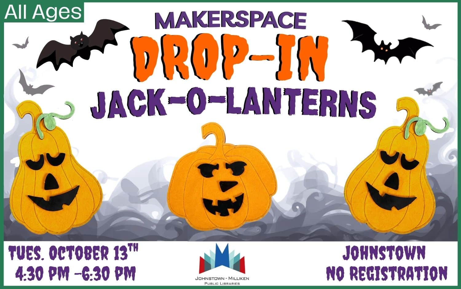Drop-in the Makerspace in Johnstown to make Jack-o-Lanterns. Oct. 13th @ 4:30 pm