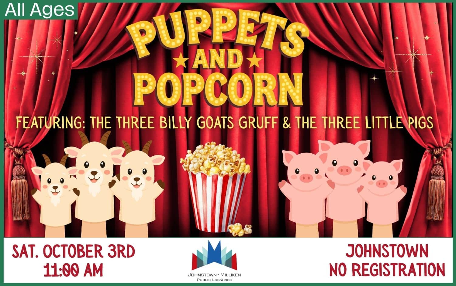 Puppets & Popcorn in Johnstown. Oct. 3rd @ 11 am.
