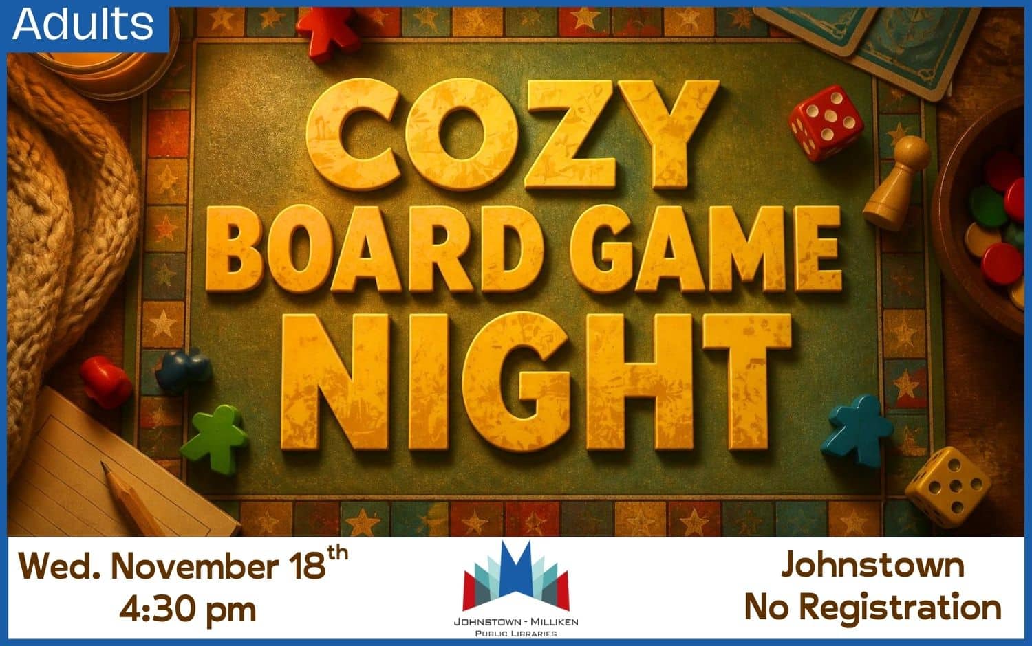 Cozy Board Game Night in Johnstown. Nov. 18th @ 4:30 pm