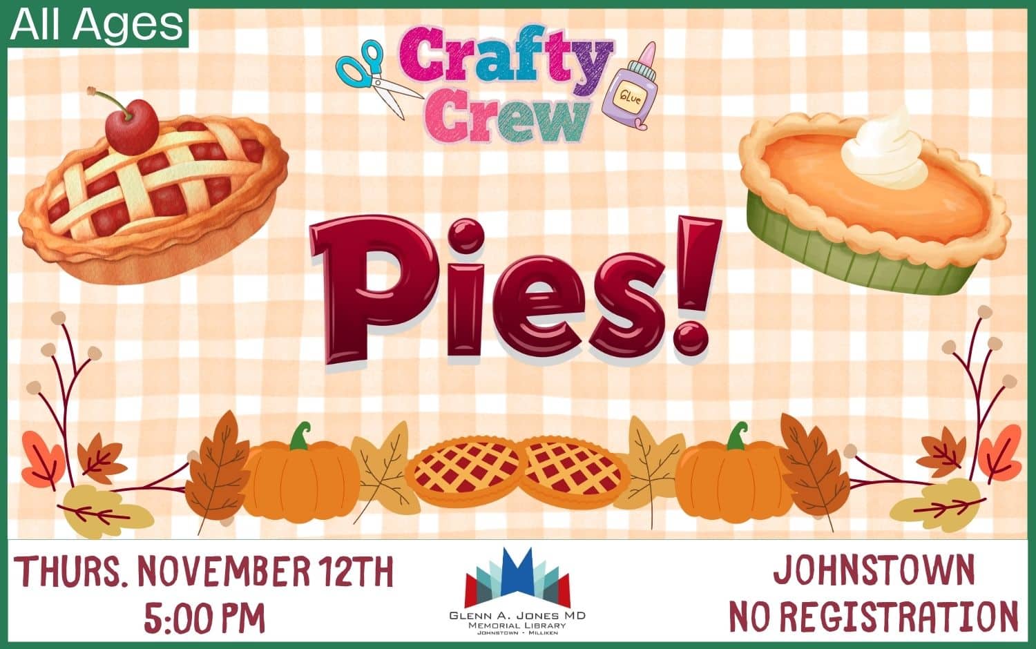 Crafty Crew: Pies! November 12th in Johnstown @ 5pm