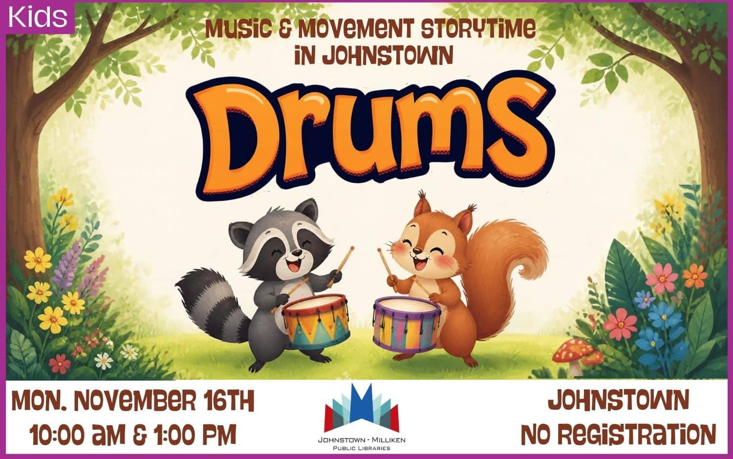 Drums Music and Movement Storytime in Johnstown. Nov. 16th @ 10 am and 1 pm