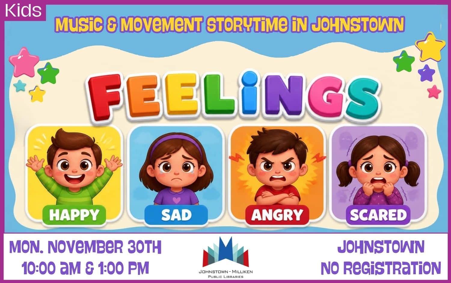 Feelings Music and Movement Storytime in Johnstown. Nov. 30th @ 10 am and 1 pm.