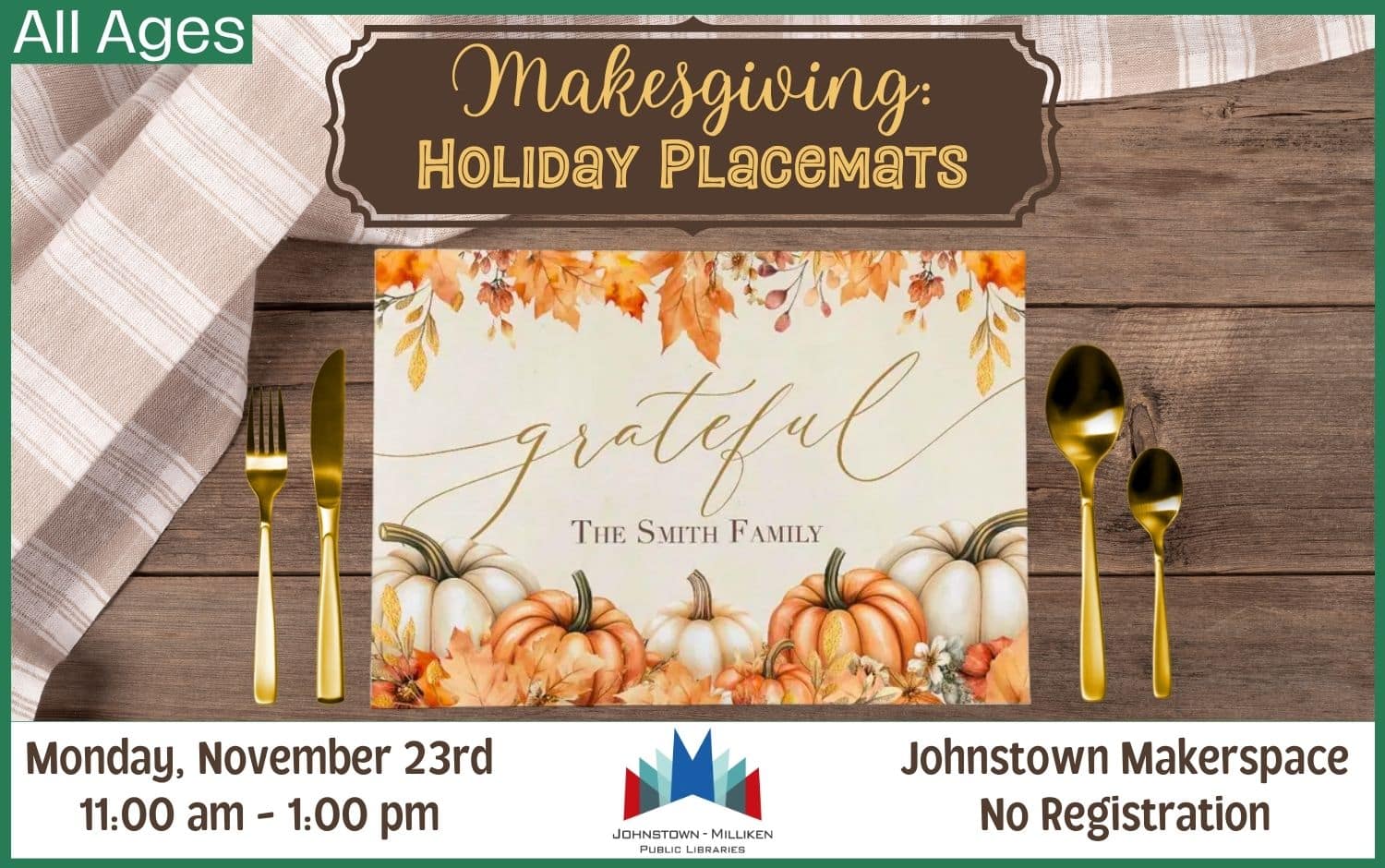 Holiday Placemats in Johnstown. Nov. 23rd @ 11 am.