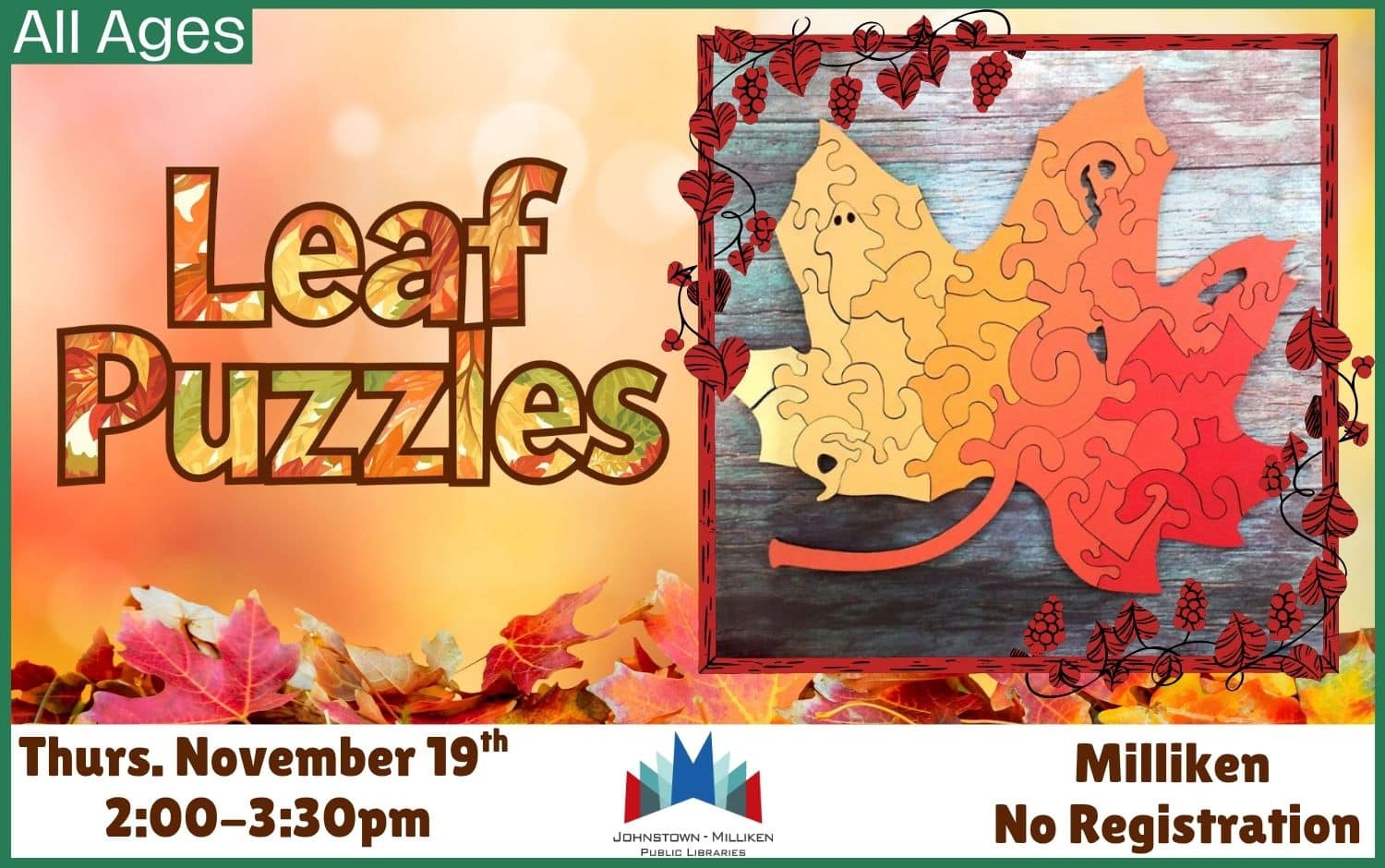 Milliken Makerspace Leaf Puzzles. Nov. 19th from 2 pm -3:30 pm