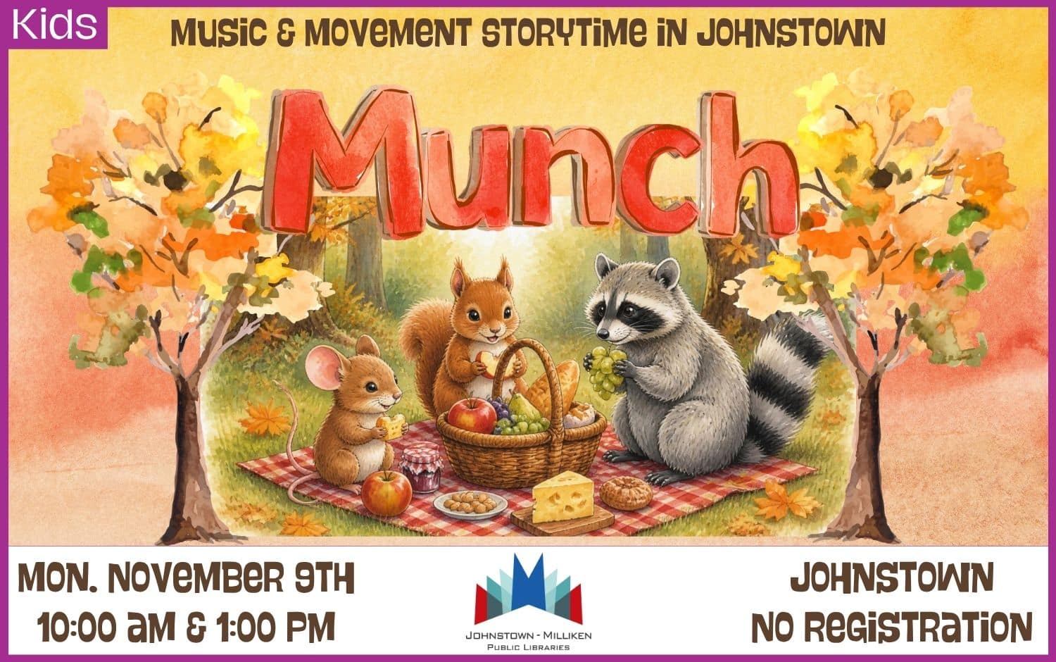 Munch Music and Movement Storytime in Johnstown. Nov 9th @ 10 am 1 pm
