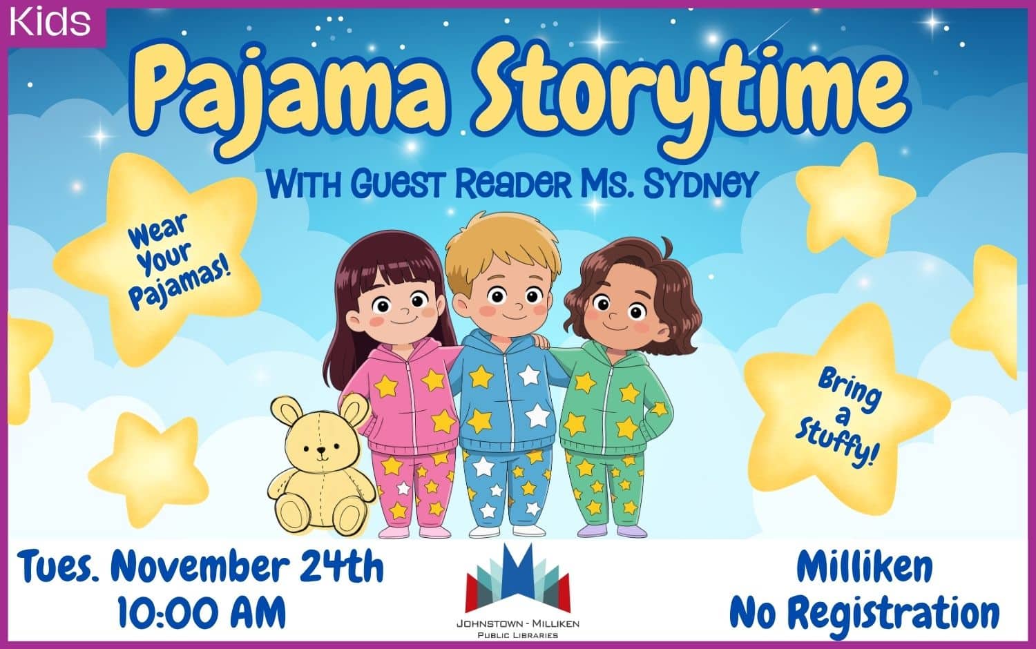Pajama Storytime in Milliken. Nov. 24th @ 10 am