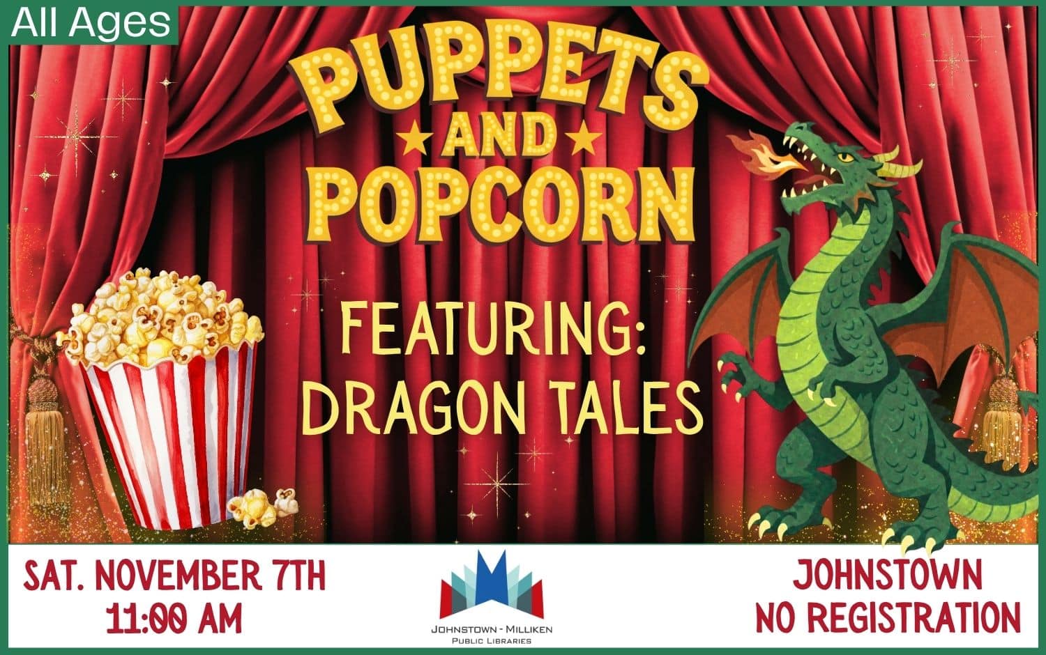 Puppets and Popcorn in Johnstown. Nov. 7th @ 11 am.