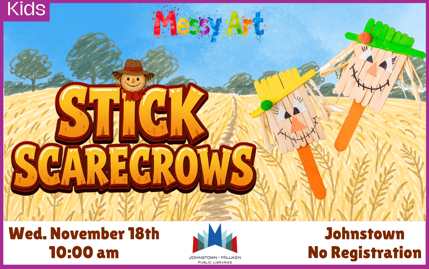Stick Scarecrow Messy Art in Johnstown. Nov. 18th @ 10 am