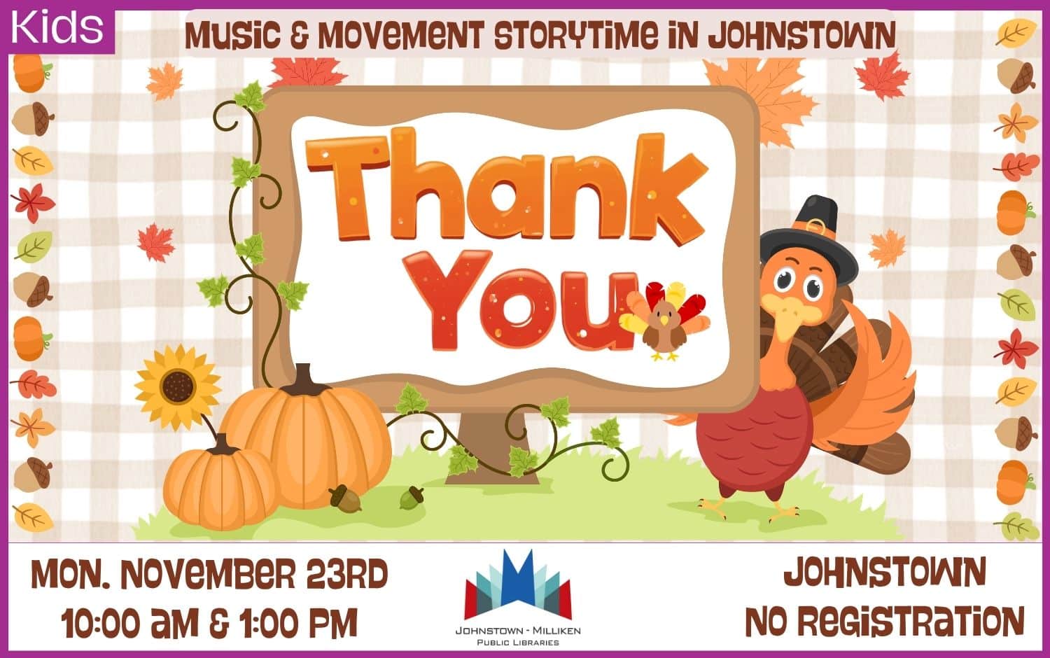 Thank You Music and Movement Storytime in Johnstown. Nov. 23rd @ 10 am and 1 pm